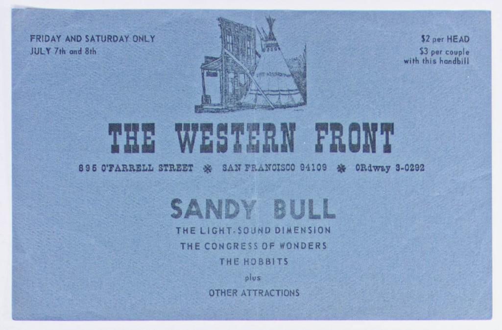 1967 Sandy Bull Congress of Wonders The Hobbits The Western Front Handbill Excellent 70: This handbill advertised Sandy Bull at the Western Front. Sandy Bull was a 1960s version of Keller Williams–a folk singer and a one-man show. Sandy Bull was a pioneer in using overdubbed recordi