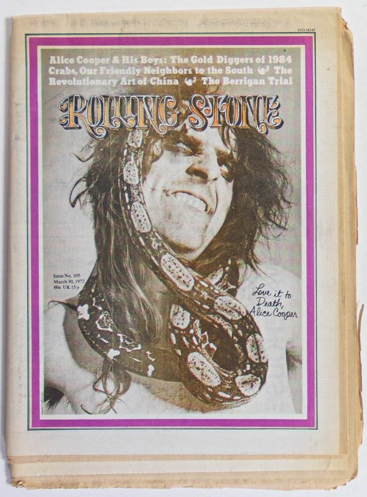 1972 Rolling Stone Magazine No. 105 Alice Cooper NG: The significance of Rolling Stone Magazine as it relates to the music and culture of the 1960s is well known. The magazine was founded by Jan Wenner in 1967 and is still in publication today. This is