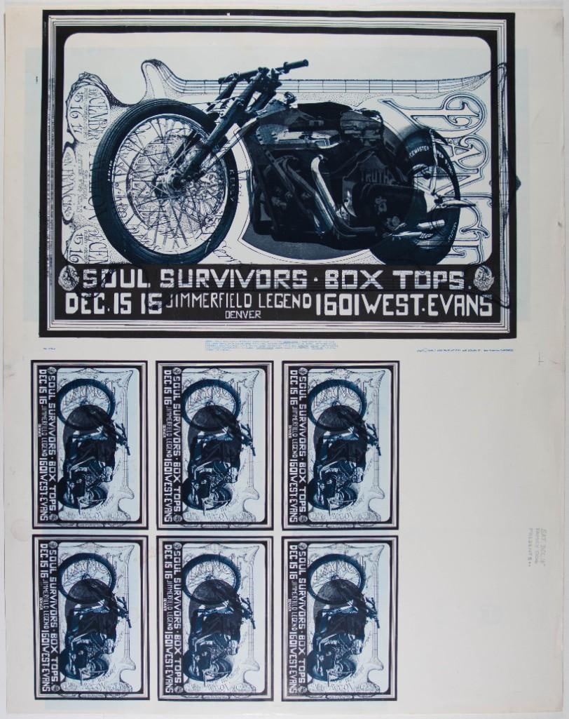 1967 FD-D15 Soul Survivors Box Tops 1601 West Evans St Uncut Proof Poster Excellent 70: This beautiful Mouse and Kelley Denver Dog uncut proof poster advertised Soul Survivors, Box Tops, and Jimmerfield Legend at 1601 West Evans Street in Denver on December 15, 1967. This is definitely o