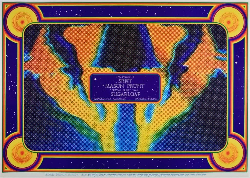 1971 Spirit Mason Profit Salt Lake Fairgrounds Coliseum Poster Poster Near Mint 87: This poster advertised Spirit, Mason Profit, and Sugarloaf at the Fairgrounds Coliseum in Salt Lake City on March 13th, 1971. Condition Details: Corner bumps, crease top left corner --CRITICAL DETAI