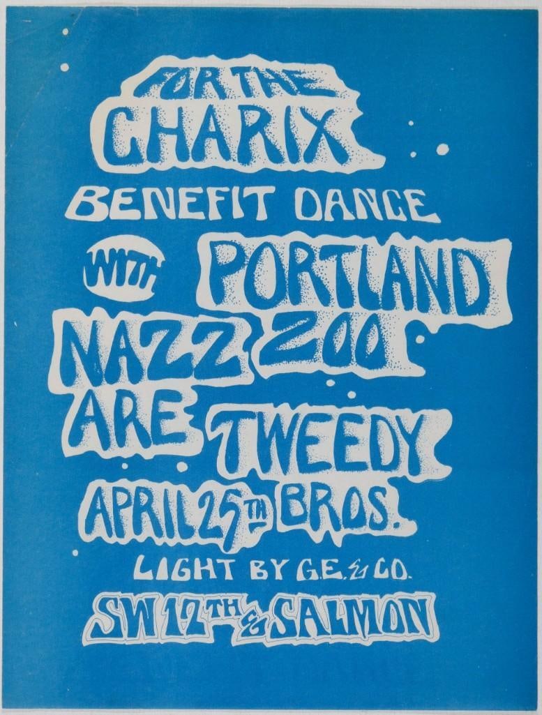1969 Benefit Dance Portland Zoo Nazzare Tweedy Bros Charix Handbill Extra Fine 69: This handbill announced a benefit dance for The Charix in Portland, Oregon, featuring Nazzare, The Tweedy Bros., and Portland Zoo. Condition Details: Thin paper. Creases, toning top edge, small tear