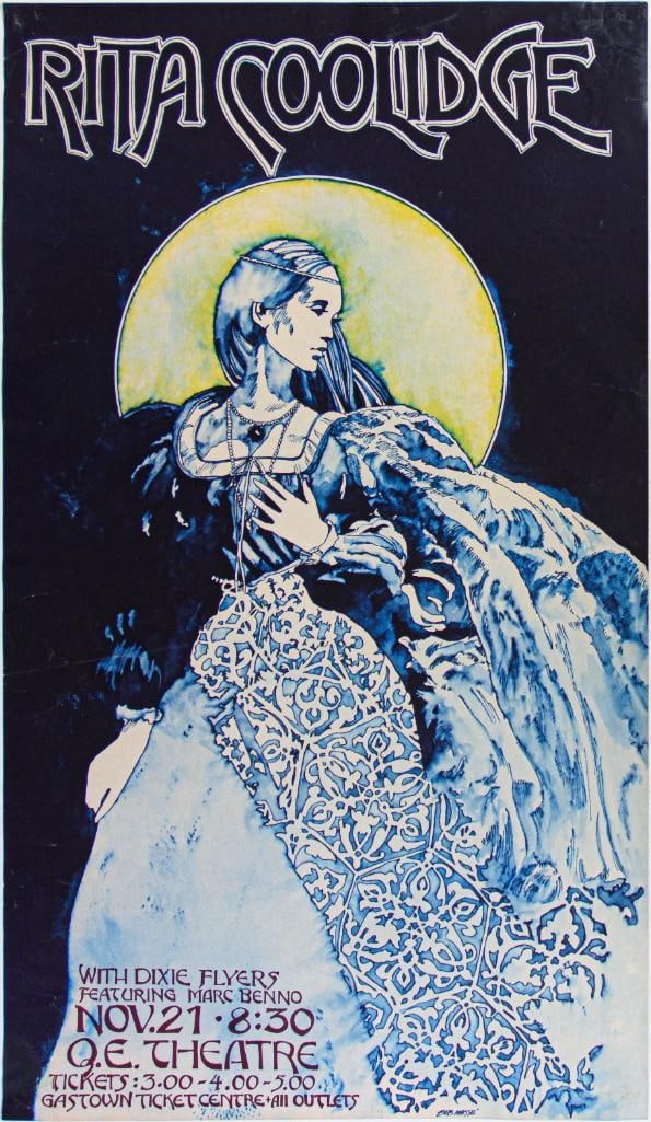 1972 Bob Masse Rita Coolidge Dixie Flyers Queen Elizabeth Theatre Vancouver Poster Extra Fine 65: This poster by artist Bob Masse was created for Rita Coolidge at the Queen Elizabeth Theatre in Vancouver, BC. He is perhaps best known in the collecting world for his design of the July 1967 Grateful