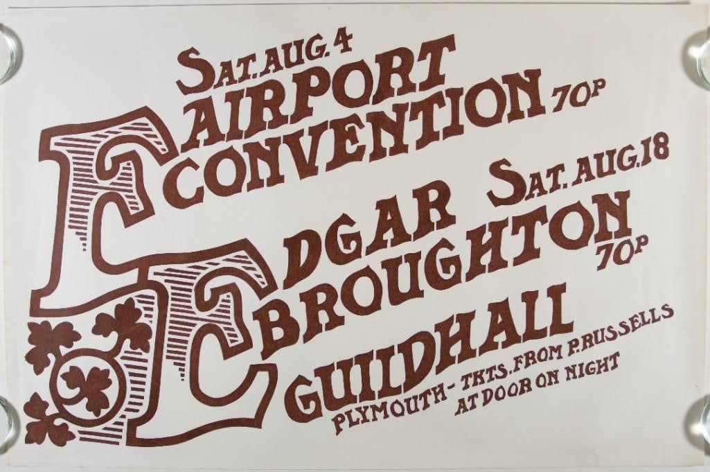 1973 Fairport Convention Edgar Broughton Band Guildhall Plymouth Poster Excellent 73: This poster announced two events at the Guildhall in Plymouth, United Kingdom, in August 1973. Performers include Fairport Convention and Edgar Broughton. Condition Details: Handling, creases, foxing