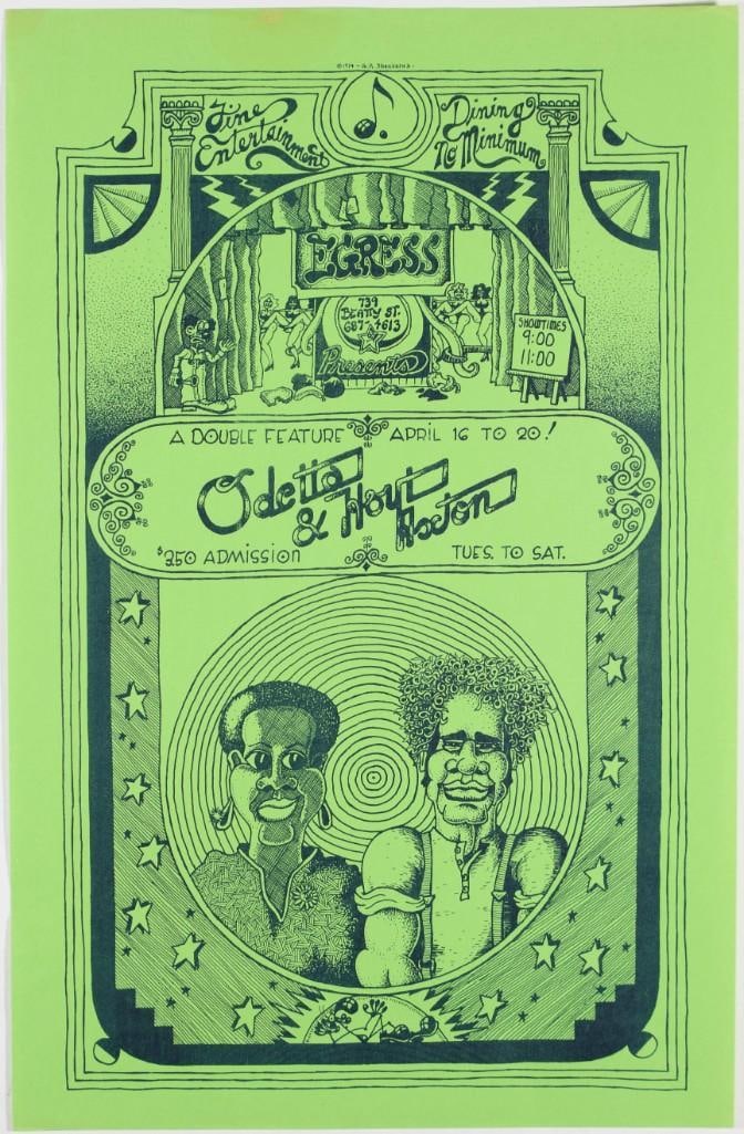 1974 Odetta & Hoyt Axton The Egress Vancouver Poster Excellent 77: This original poster announced Odetta and Hoyt Axton playing for five nights at The Egress in Vancouver, BC, in April 1974. It was designed by the late great Grant Shankaruk. Grant