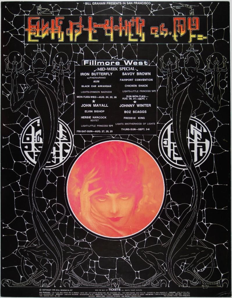 1970 BG-247 Iron Butterfly John Mayall Johnny Winter Fillmore West Poster Excellent 77: This LARGE double-sized BG poster was created for a two-week run in the summer of 1970 at the Fillmore West featuring Iron Butterfly, Johnny Winter, John Mayall, the Herbie Hancock Sextet, Freddi