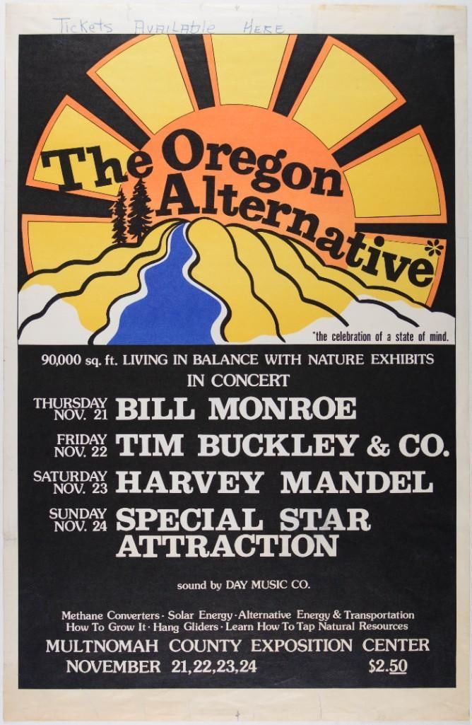 1968 Bill Monroe The Oregon Alternative Multnomah County Expo Center Poster Excellent 70: This poster was produced for The Oregon Alternative, "the celebration of a state of mind", held over four days at the Multnomah County Exposition Center. Performers included Bill Monroe, Tim B