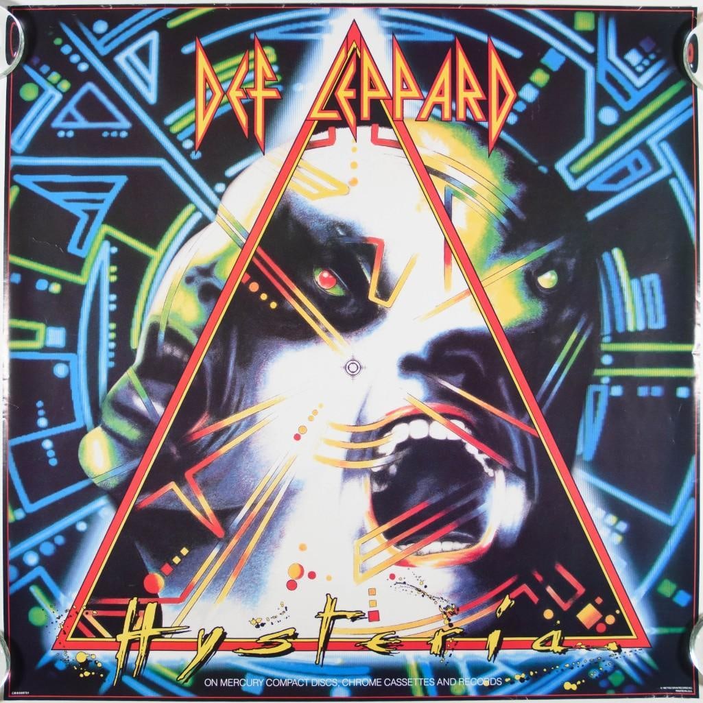 1987 Def Leppard Hysteria Promotional Poster Excellent 79: This promotional poster was distributed for Mercury Records for Def Leppard's 1987 album, Hysteria. It was the band's fourth studio release, the follow-up to their breakthrough