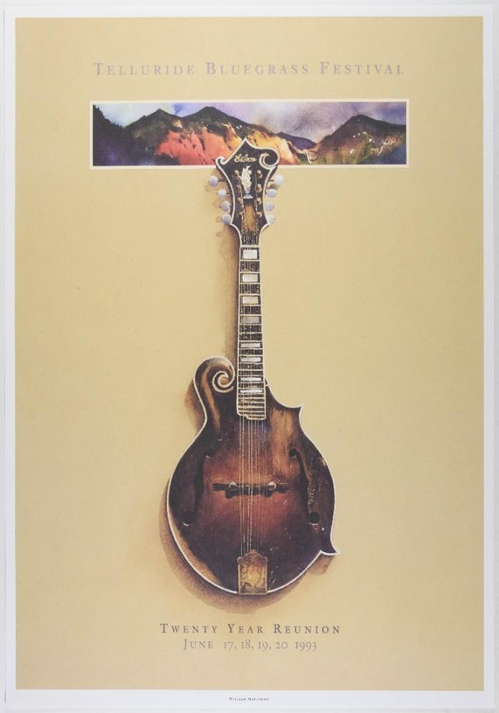 1993 Telluride Bluegrass Festival Poster Mint 90: This poster announced the 20th annual Telluride Bluegrass Festival, an annual event held in Telluride, Colorado. This 1993 lineup included Bill Monroe and the Bluegrass Boys, Emmylou Harris and the