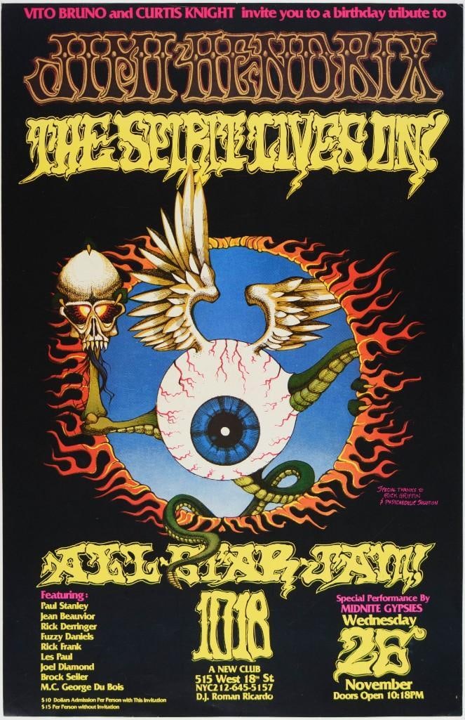 1987 Jimi Hendrix The Spirit Lives On Paul Stanley Rick Derringer 1018 Club NYC Poster Near Mint 85 (1 of 1)