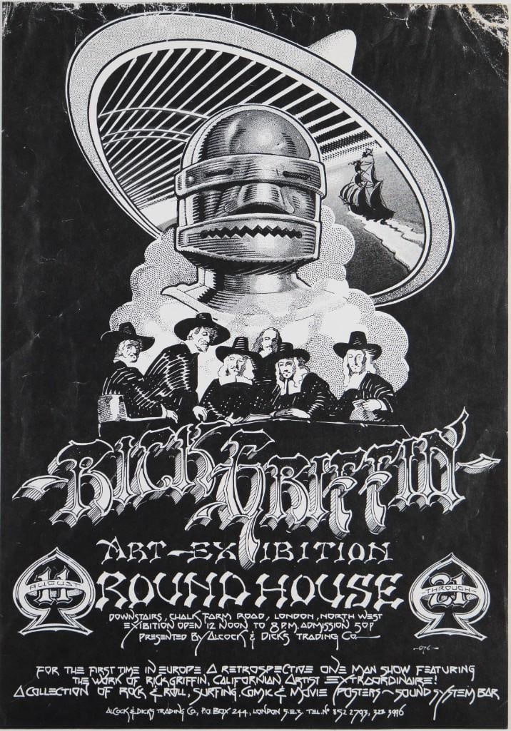 1976 Rick Griffin Exhibit Roundhouse London Handbill Extra Fine 63: During the summer of 1976, a retrospective of Rick Griffin's artwork was held in London, England, at The Roundhouse. For this show, Griffin reprinted several of his most famous concert posters,