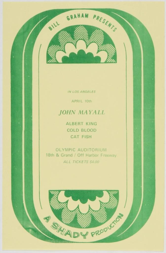 1970 John Mayall Olympic Auditorium Handbill Near Mint 89: This handbill announced a Bill Graham Presents event at the Olympic Auditorium in Los Angeles on April 10th, 1970, featuring John Mayall, Albert King, Cold Blood, and Cat Fish. Throughout the dec