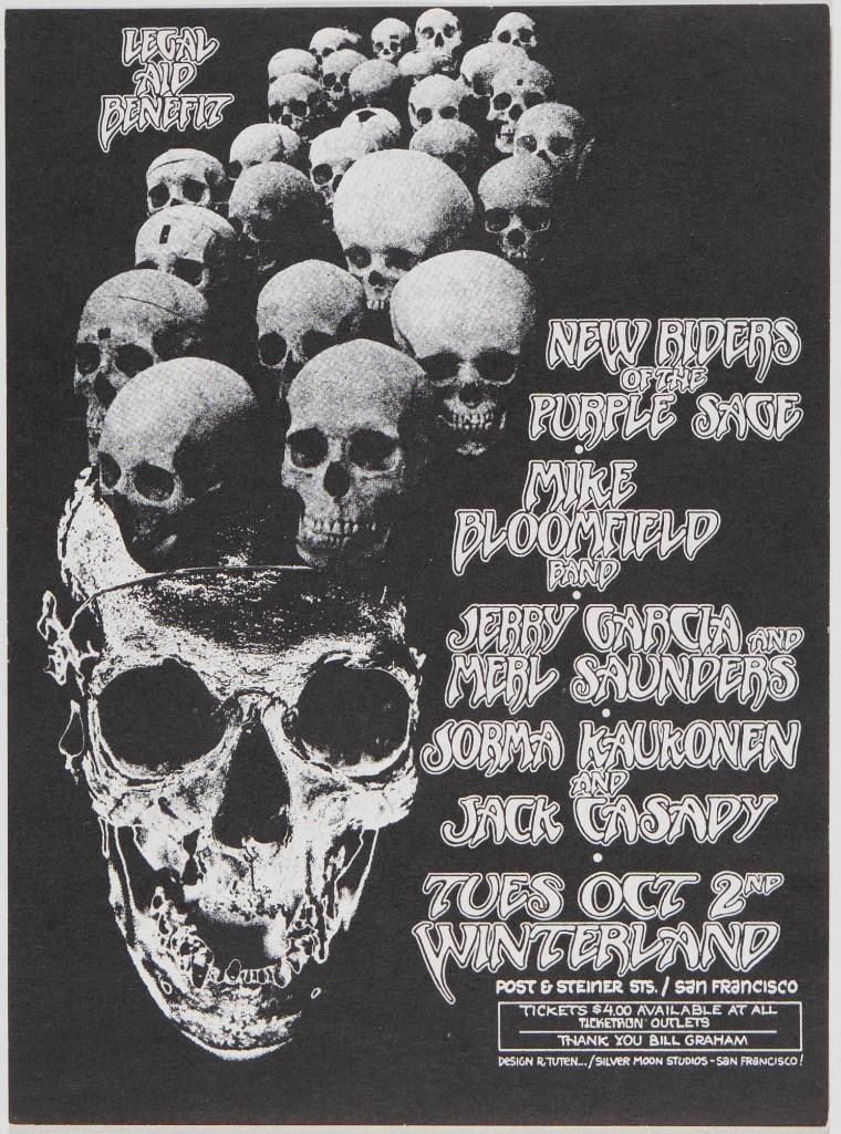 1973 Jerry Garcia Merl Saunders NRPS Hells Angels Legal Aid Benefit Winterland Handbill Near Mint 87 (1 of 2)