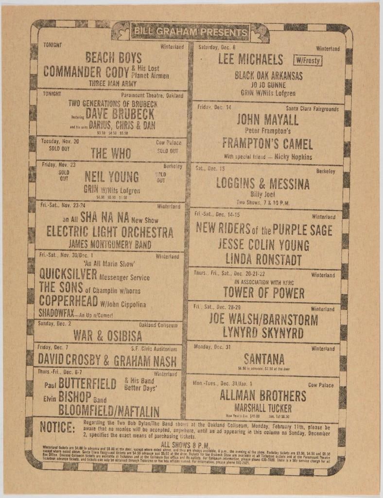 1973 Bill Graham Presents Allman Brothers The Who Neil Young Winterland Flyer Near Mint 89 (1 of 2)