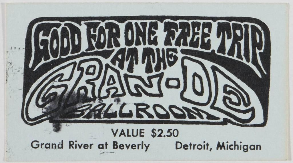 1968 Good For One Free Trip Grande Ballroom Card Near Mint 87: The Grande Ballroom series produced some of the finest imagery from the 1960s music scene. The venue, which operated in Detroit in the late 1960s and early 1970s, was the Midwest's premier psyched