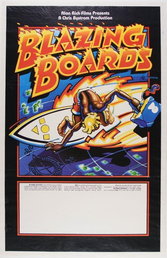 1985 Rick Griffin Blazing Boards Movie Poster Excellent 71 Restored: This poster promoted the release of Blazing Boards, a surfing film released in 1985. The artwork was created by Rick Griffin! Condition Details: Restoration includes repaired tears,