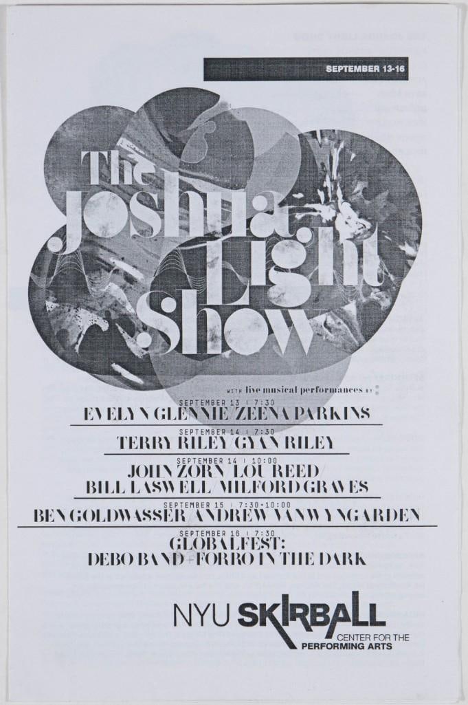 2012 Lou Reed NYU Skirball Center For The Performing Arts Program Near Mint 85: Here's a program for "The Joshua Light Show" featuring live musical performances held at the NYU Skirball Center for the Performing Arts from September 13th to September 16th