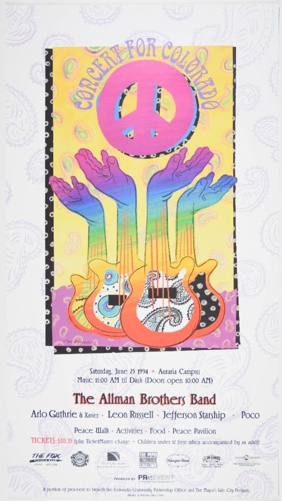 1994 Allman Brothers Band Leon Russell Jefferson Starship Auraria Campus Near Mint 89: This poster was produced for a "Concert for Colorado" featuring the Allman Brothers Band, Arlo Guthrie, Leon Russell, Jefferson Starship, and Poco. It was held on the Auraria Campus in