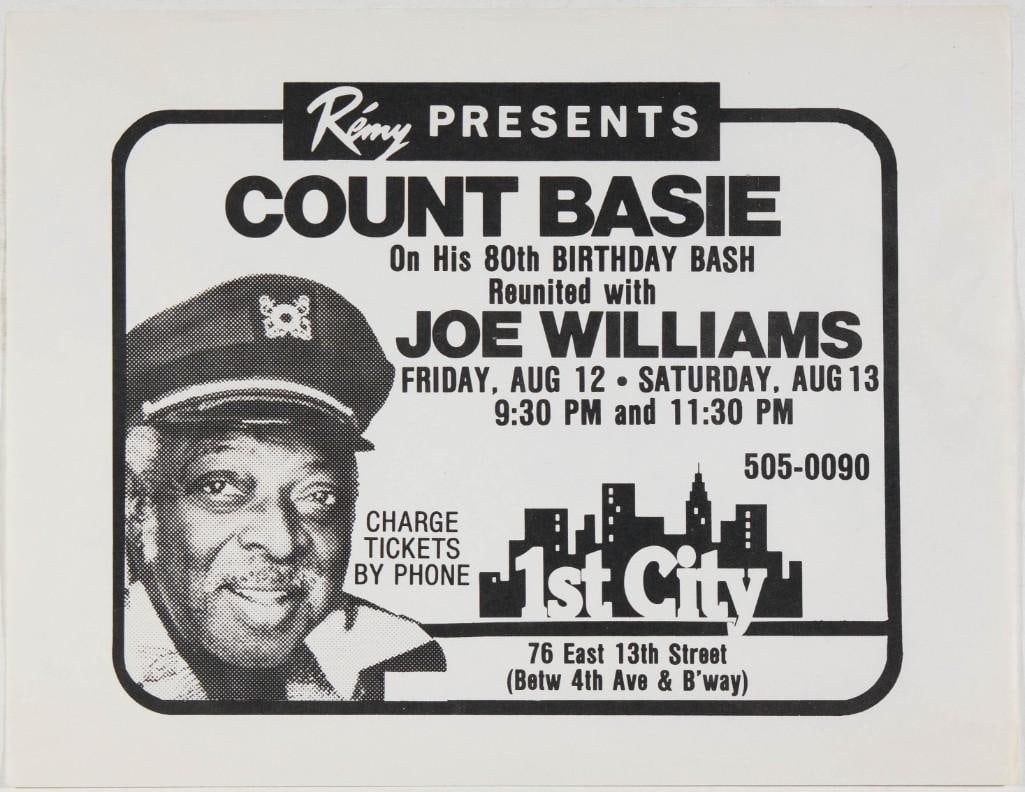 1983 Count Basie Joe Williams 1st City Handbill Excellent 79: Here's an original handbill for a concert featuring jazz musician Count Basie celebrating his 80th birthday alongside vocalist Joe Williams at 1st City in New York City. Condition Details: Handli