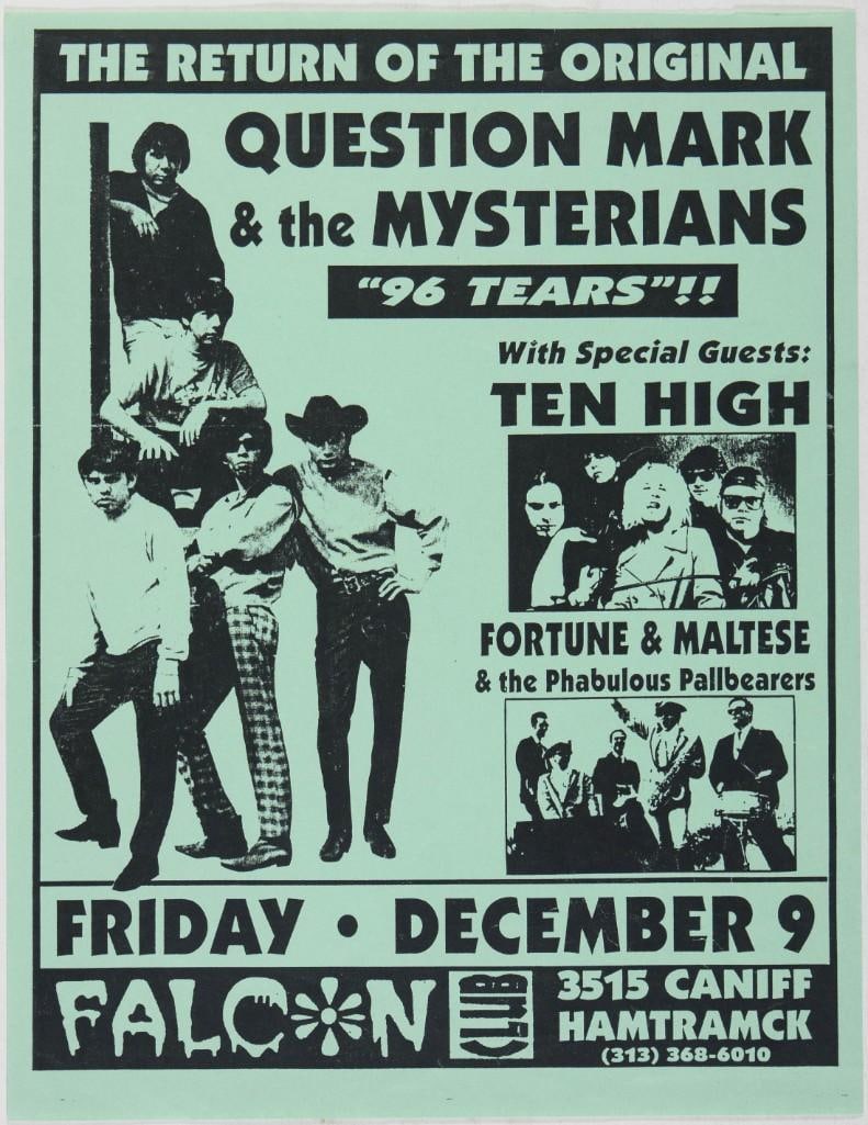 1983 Question Mark & the Mysterians Falcon Club Handbill Near Mint 85: This handbill was produced for a 1983 reunion show featuring the garage rock band Question Mark and the Mysterians, known for their 1966 hit song "96 Tears", at the Falcon Club in Hamtramk,