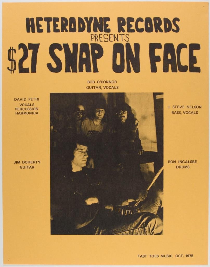 1975 Heterodyne Records Presents $27 Snap-On-Face Poster Near Mint 81: This promotional poster was issued by Heterodyne Records for $27 Snap-On-Face in October 1975. Condition Details: Pinholes, corner bumps --CRITICAL DETAILS-- --TITLE Heterodyne Records