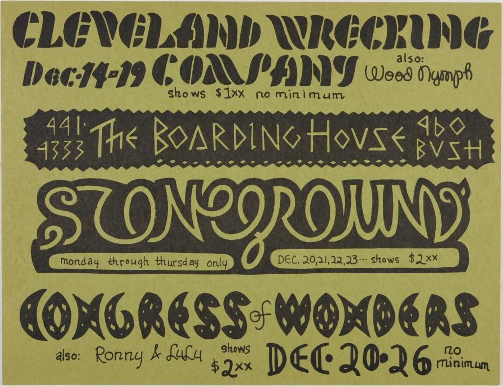 1976 Cleveland Wrecking Company Congress of Wonders The Boarding House Handbill Excellent 79: This handbill announced The New 1976 Cleveland Wrecking Company, Congress of Wonders, and Stoneground appearing at The Boarding House in San Francisco from December 20th-26th, 1976. Conditi