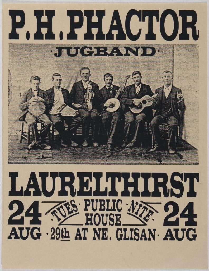 1971 P.H. Phactor Jug Band Laurelthirst Public House Handbill Excellent 79: This handbill was for P.H. Phactor Jug Band and Laurelthirst at the Public House in Portland, Oregon. The P.H. Phactor Jug Band was one of the first bands to exhibit the "San Francisco Sound&