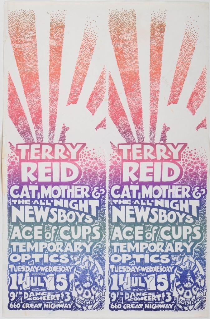 1970 FD-700714 Terry Reid, Newsboys 660 Great Highway Poster Extra Fine 69: Here we have a rare, original First Printing double uncut handbill (two paper handbills printed side by side) of FD-700714 featuring Terry Reid, Cat Mother & The All Night Newsboys, and Ace of