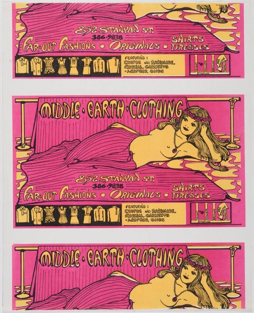 1967 Middle Earth Clothing Uncut Sheet of flyers Poster Excellent 79: This is a set of uncut flyers produced to advertise Middle Earth Boutique in Haight Ashbury, San Francisco, in 1967. Condition Details: Uncut flyers sheet. Creases, small tear lower left edge, b