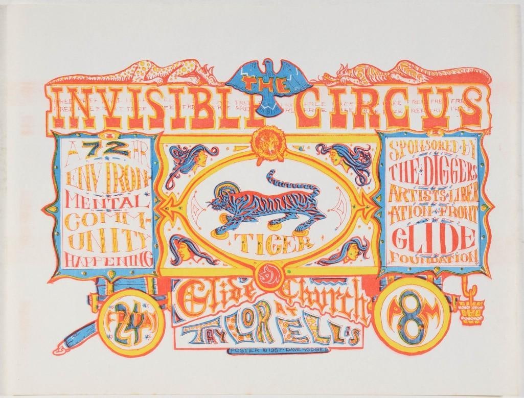 1967 Invisible Circus The Glide Church Handbill Near Mint 87: This handbill by David Hodges was produced for a Diggers-sponsored event billed as “The Invisible Circus.” This was a free event that was held at San Francisco’s Glide Church. The Gl