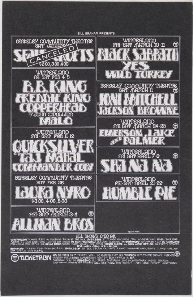 1972 Allman Brothers Black Sabbath B.B. King Bill Graham Presents Calendar Flyer Mint 90: This flyer was produced to promote Bill Graham Presents events in the Bay Area from February to April 1972. Performers included The Allman Brothers Band, Black Sabbath, B.B. King, Joni Mitchell,