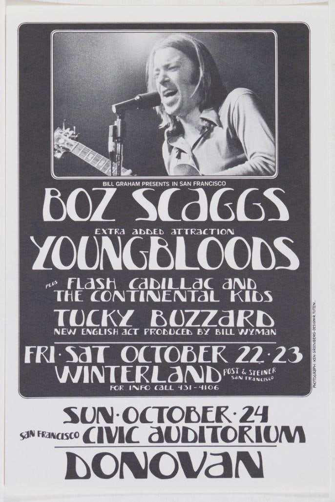 1971 Boz Scaggs Boz Scaggs, Youngbloods San Francisco Civic Auditorium Handbill Mint 90: This Randy Tuten handbill from October 1971 advertises a string of shows at Winterland in San Francisco. Performers included Boz Scaggs, The Youngbloods, and Donovan. --CRITICAL DETAILS-- --TITLE