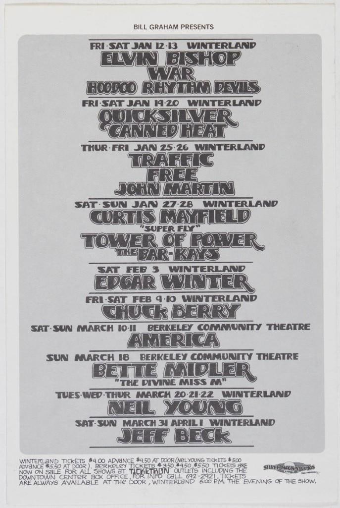 1973 Traffic Neil Young Jeff Beck Winterland & Berkeley Calendar Postcard Near Mint 83: This postcard features lettering by noted vintage concert poster artist Randy Tuten. It promoted several shows in the winter of 1973 at Winterland Arena and the Berkeley Community Theatre, presen