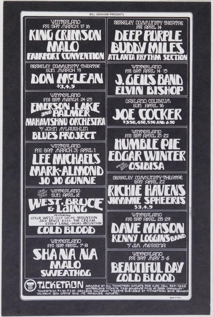 1972 King Crimson ELP Joe Cocker Humble Pie Winterland Calendar Postcard Mint 90: This postcard was produced to promote Bill Graham Presents events in the Bay Area from March to May. Performers included King Crimson, Emerson, Lake, and Palmer, Joe Cocker, Deep Purple, Humble