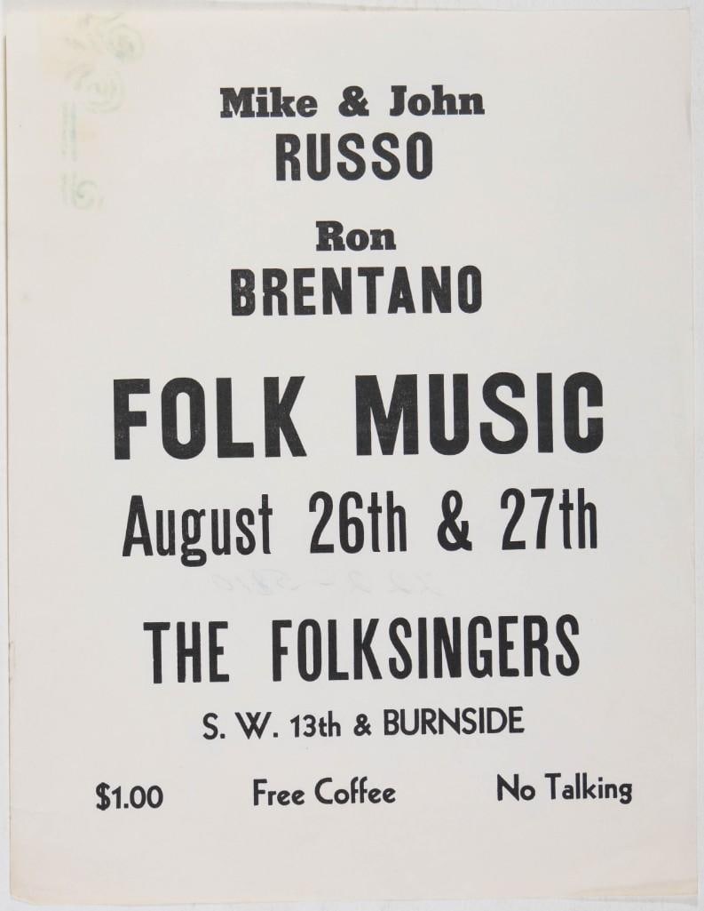 1967 Mike and John Russo The Folksingers Handbill Extra Fine 69: Here is a vintage flyer advertising a folk music performance featuring Mike & John Russo and Ron Brentano at a venue called The Folksingers in Portland, Oregon, in August 1967. Condition Details: