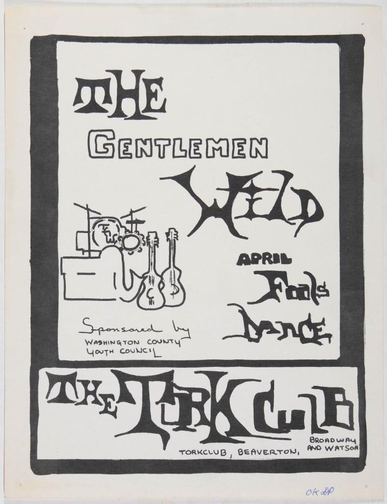1968 The Gentlemen Wild The Tork Club Beaverton Handbill Excellent 79: This vintage handbill announced an April Fools Dance at The Tork Club in Beaverton, Oregon featuring The Gentlemen Wild. Condition Details: Writing on bottom, pinholes --CRITICAL DETAILS--