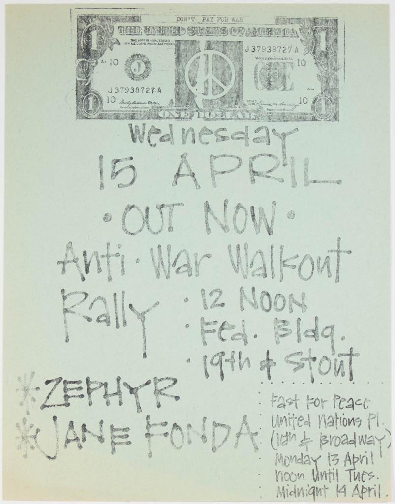1969 Zephyr Jane Fonda Anti War Walkout Rally Federal Building Denver Handbill Excellent 75