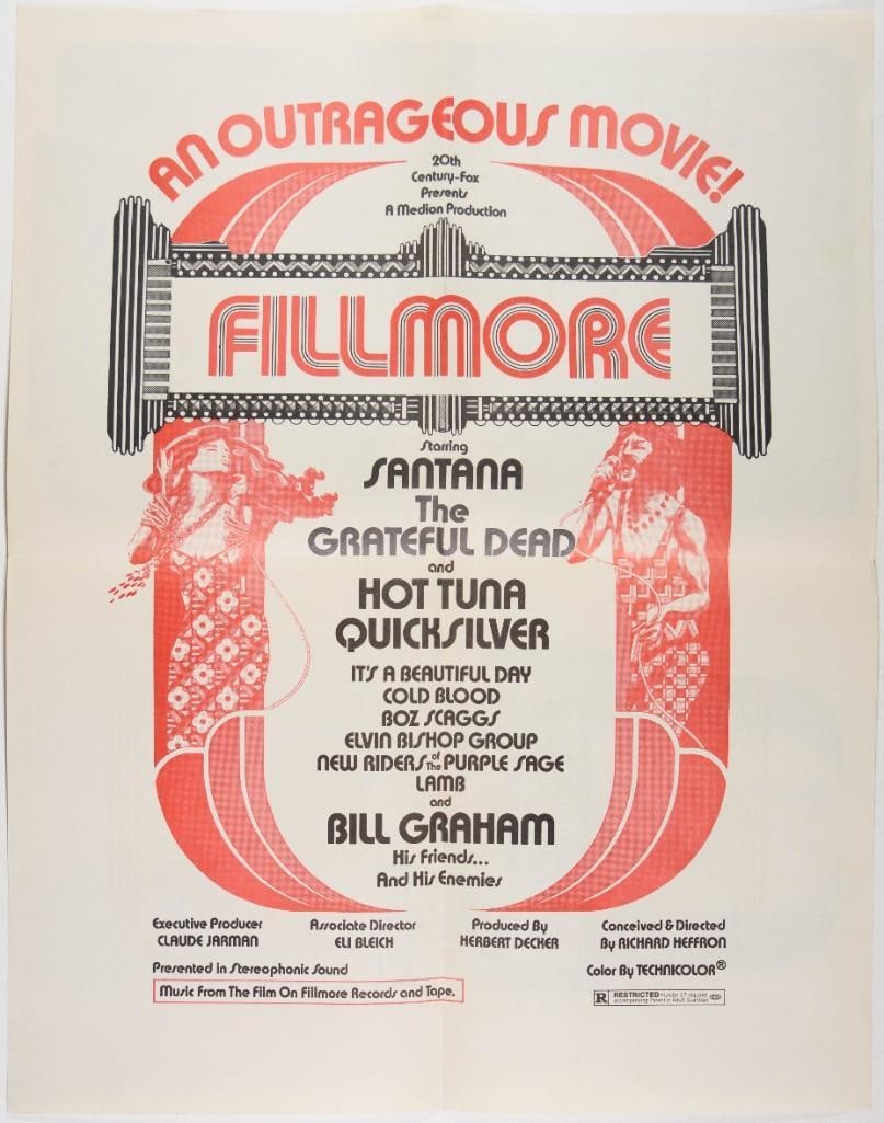 1972 The Fillmore Movie Promotional Poster Near Mint 81: This promotional poster was created for the Fillmore documentary, released in 1972. The film chronicled the iconic venue's final shows in July 1971 with performances by the Grateful Dead,