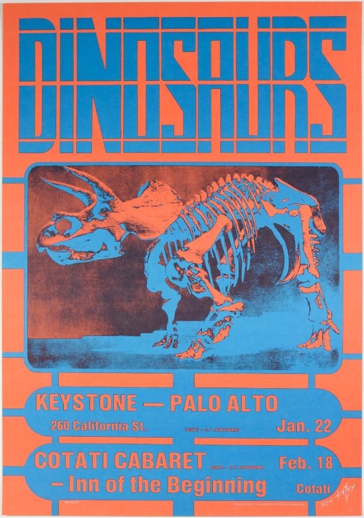 1983 DinosaursThe Keystone Palo Alto & Cotati Cabaret Poster Near Mint 89: The Dinosaurs formed in 1982 and were a Bay Area Supergroup that emerged from the psychedelic music era of San Francisco. The core group consisted of Peter Albin of Big Brother and the Holding