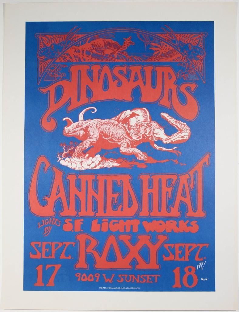 1982 Dinosaurs Canned Heat The Roxy Theatre Uncut Proof Poster Near Mint 87: This uncut proof poster by Alton Kelley was created to promote The Dinosaurs' performance at The Roxy in Los Angeles in September 1982. The Dinosaurs formed in 1982 and were a Bay Area supergroup