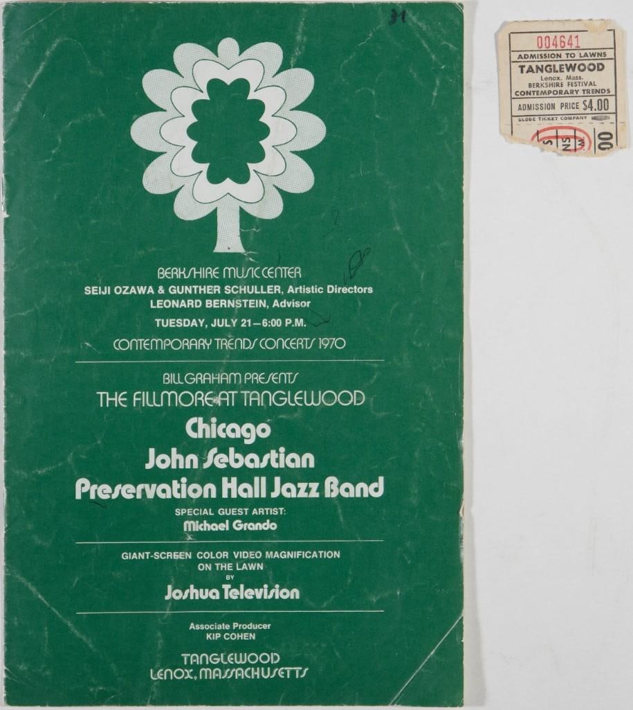 1970 Chicago John Sebastian Tanglewood Music Shed Program Extra Fine 63: This original program comes with a ticket stub from the event! The program was produced for an event at Tanglewood in Lenox, Massachusetts, featuring Chicago, John Sebastian, and Preservation Hall Jaz