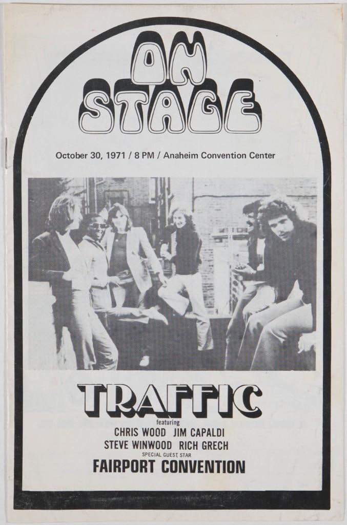 1971 Traffic Fairport Convention Anaheim Convention Center Program Extra Fine 69: This original program was created for Traffic appearing at the Anaheim Convention Center in October 1971 with special guests Fairport Convention. In late 1968, Traffic, featuring Steve Winwood,