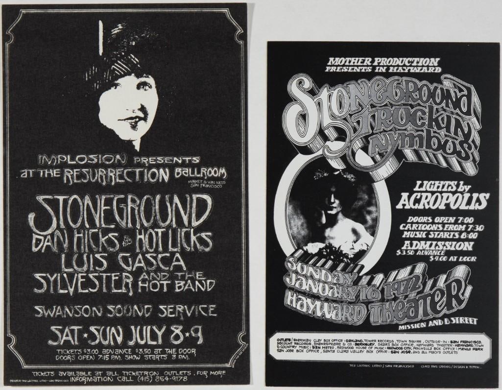 1972 Lot of 2 Stoneground Hayward Theatre and Resurrection Ballroom Handbills Near Mint 89: This lot features two Randy Tuten-designed handbills created for Stoneground in 1972. --CRITICAL DETAILS-- --TITLE Lot of 2 Stoneground Handbills --GRADE Near Mint 89 --PERFORMERS