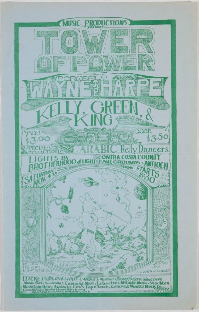 1972 Tower of Power Wayne The Harpe Contra Costa County Fairgrounds Handbill Extra Fine 69: This vintage 1972 flyer advertises a concert headlined by Tower of Power. It was held at the Contra Costa County Fairgrounds in Antioch. Condition Details: Creases, toning --CRITICAL DETAILS-- 