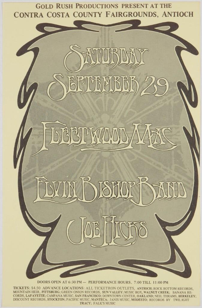 1973 Fleetwood Mac Elvin Bishop Band Contra Costa County Fairgrounds Handbill Near Mint 89: This handbill announced Fleetwood Mac, Elvin Bishop, and Joe Hicks at the Costa County Fairgrounds on September 29th. 1973. It remains in beautiful condition! --CRITICAL DETAILS-- --TITLE