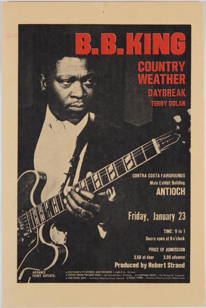 1970 B.B. King Country Weather Daybreak Terry Dolan Contra Costa Fairgrounds Handbill Excellent 75: This handbill features the great B.B. King performing at the Contra Costa Fairgrounds in Antioch, CA on January 23rd, 1970. He was joined by Country Weather, Daybreak, and Terry Dolan. 100% original