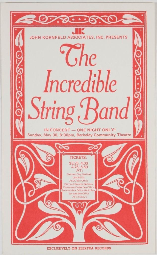 1971 Incredible String Band Berkeley Community Theater Handbill Near Mint 89: This handbill announced The Incredible String Band appearing at the Berkeley Community Theatre on May 30th, 1971. --CRITICAL DETAILS-- --TITLE Incredible String Band Berkeley Community