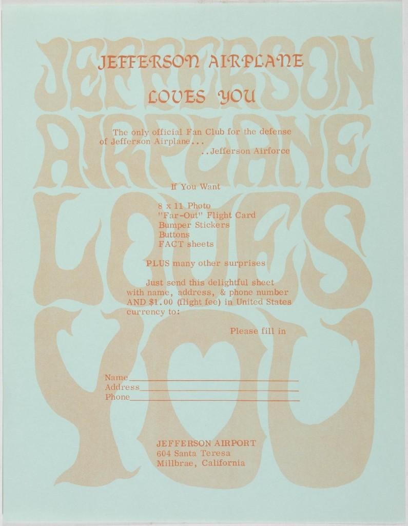 1967 Jefferson Airplane Loves You Fan Club Flyer Mint 91: This mailer was created to sign up members of Jefferson Airplane's fan club in 1967! Reading "Jefferson Airplane Loves You", it had slots for filling out each member's name, address,