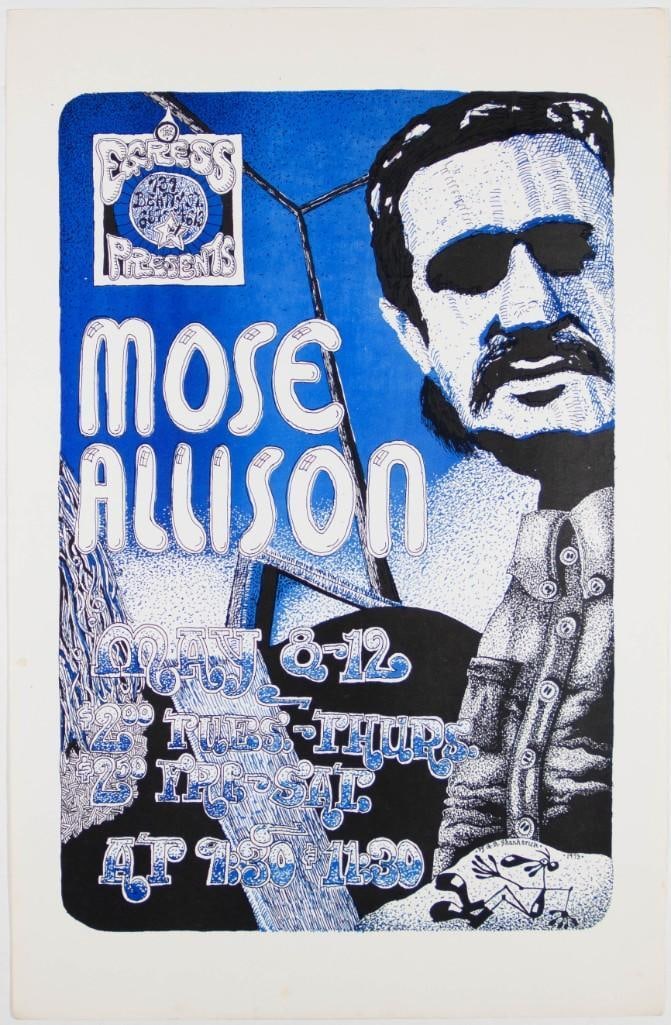 1973 Mose Allison The Egress Vancouver Poster Excellent 75: This poster was produced for Mose Allison appearing at The Egress in Vancouver, BC, for five dates in May 1973. Mose Allison was an American jazz and blues pianist, singer, and songwriter, known