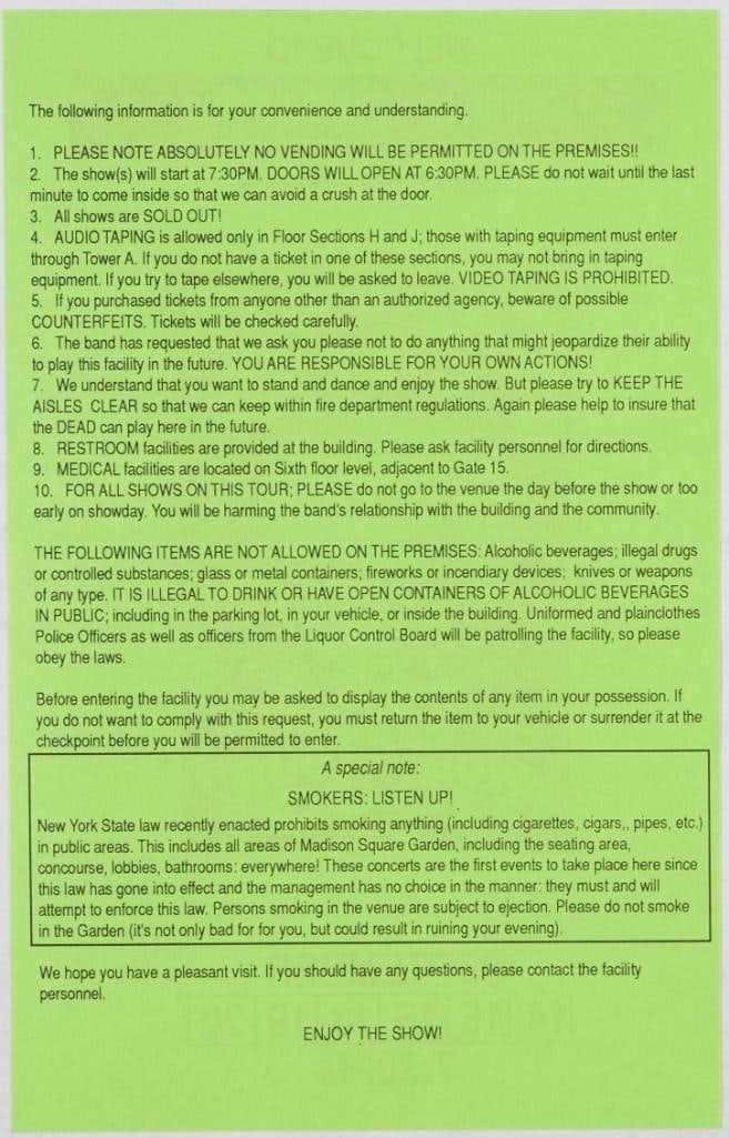 1990 Grateful Dead Madison Square Garden Handbill Mint 91 - 2