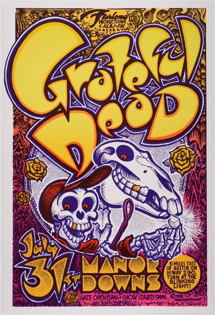 1982 AOR-4.159 Grateful Dead Manor Downs Poster Near Mint 83: A Texas Dead poster designed by the great Austin, Texas poster artist Micael Priest! His work graced the walls of the Armadillo for years. Grateful Dead Original Posters like this are why collectors a
